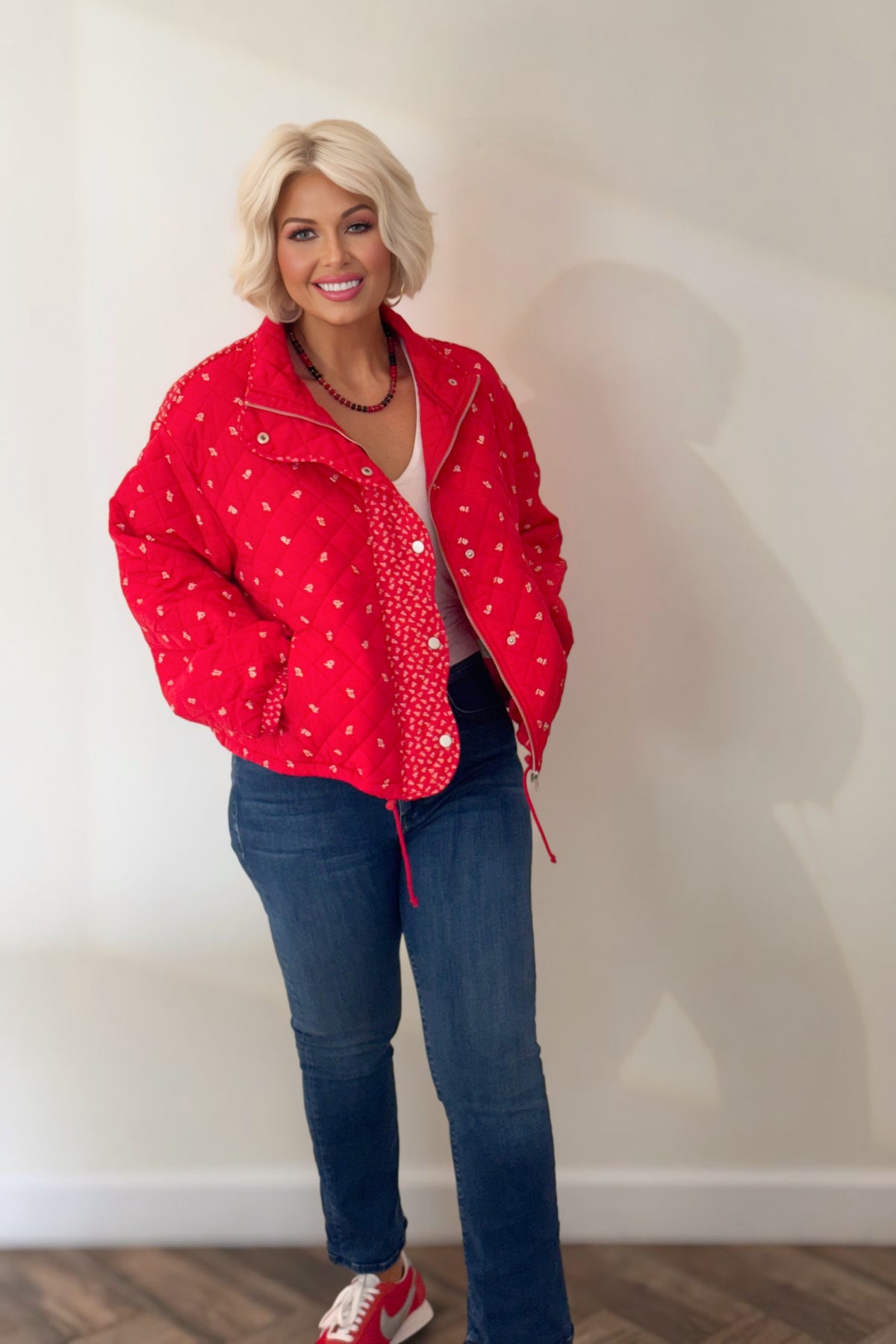 Red Floral Quilted Jacket with Contrast Trim
