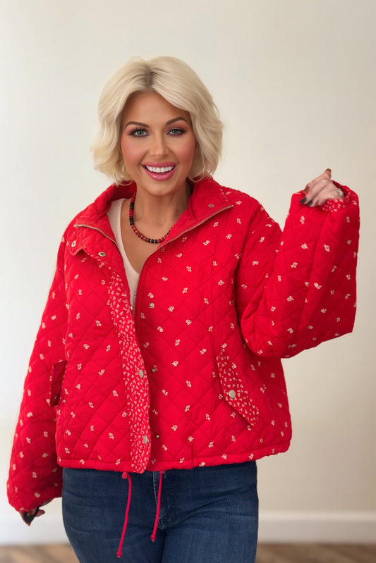 Red Floral Quilted Jacket with Contrast Trim