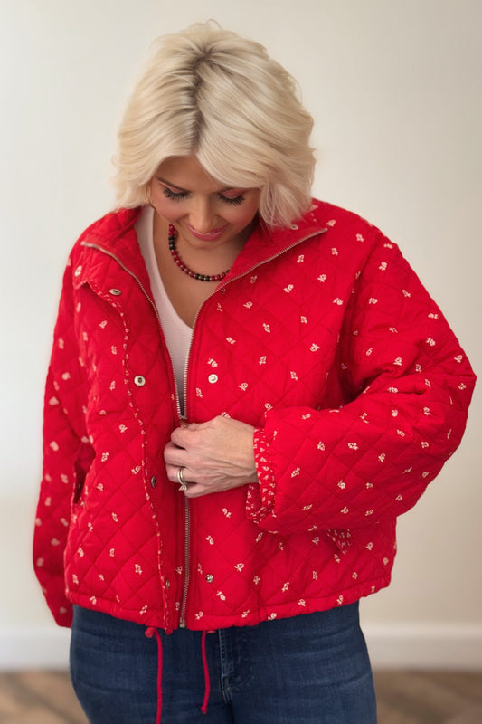 Red Floral Quilted Jacket with Contrast Trim