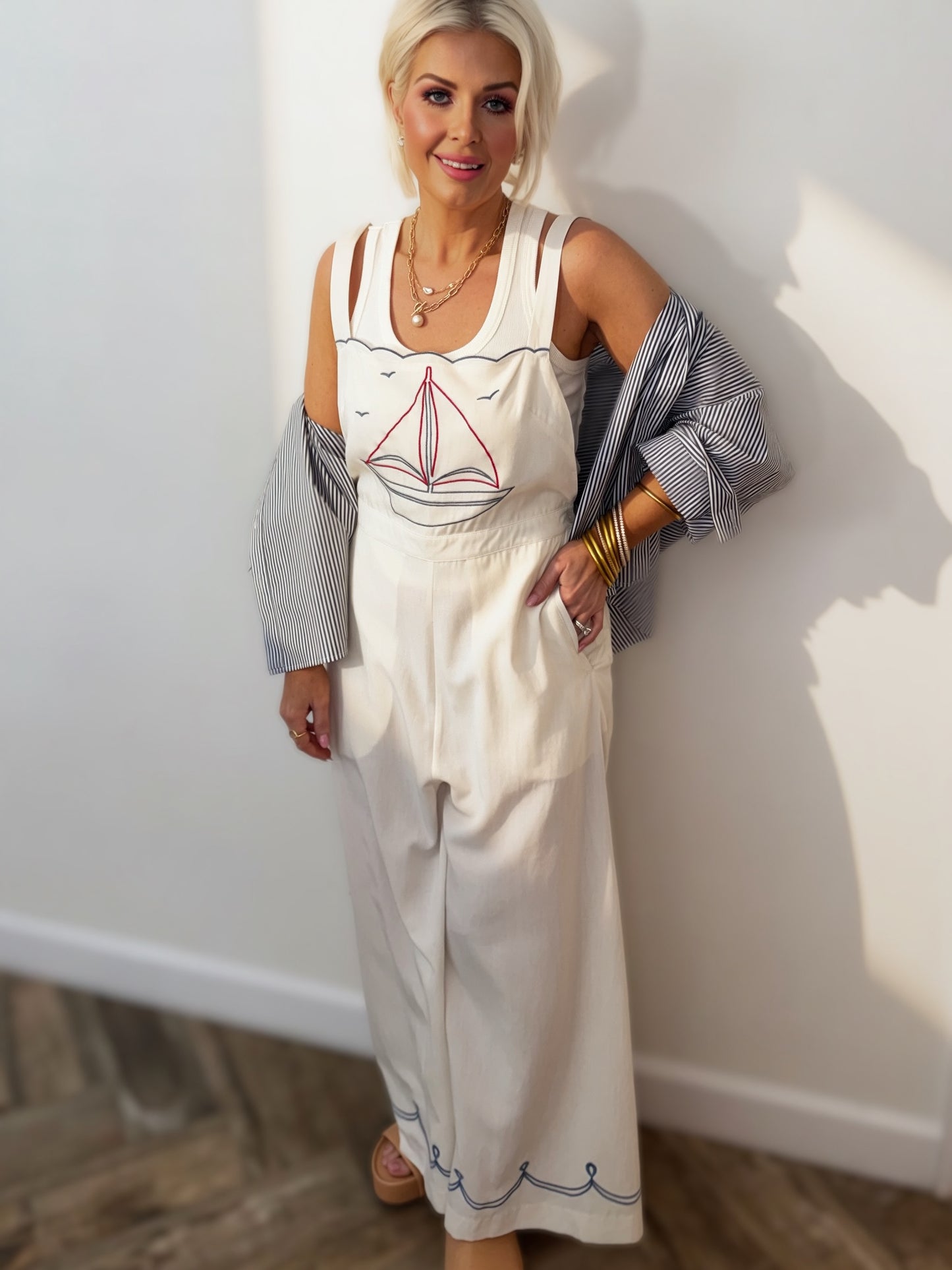 Nautical Embroidered Wide-Leg Jumpsuit – Coastal Summer Outfit