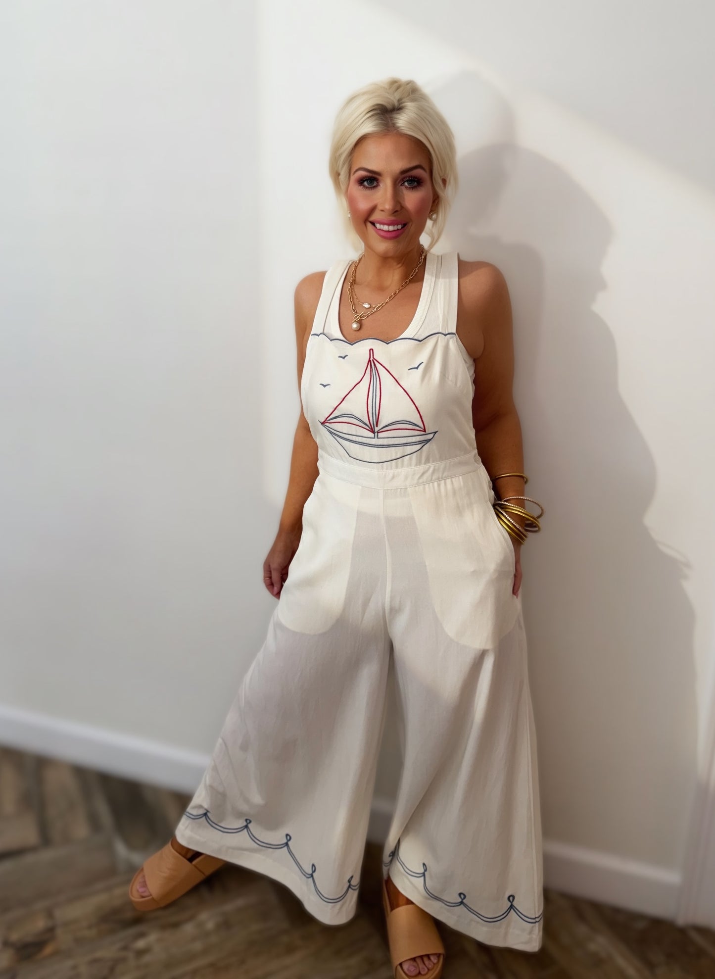 Nautical Embroidered Wide-Leg Jumpsuit – Coastal Summer Outfit