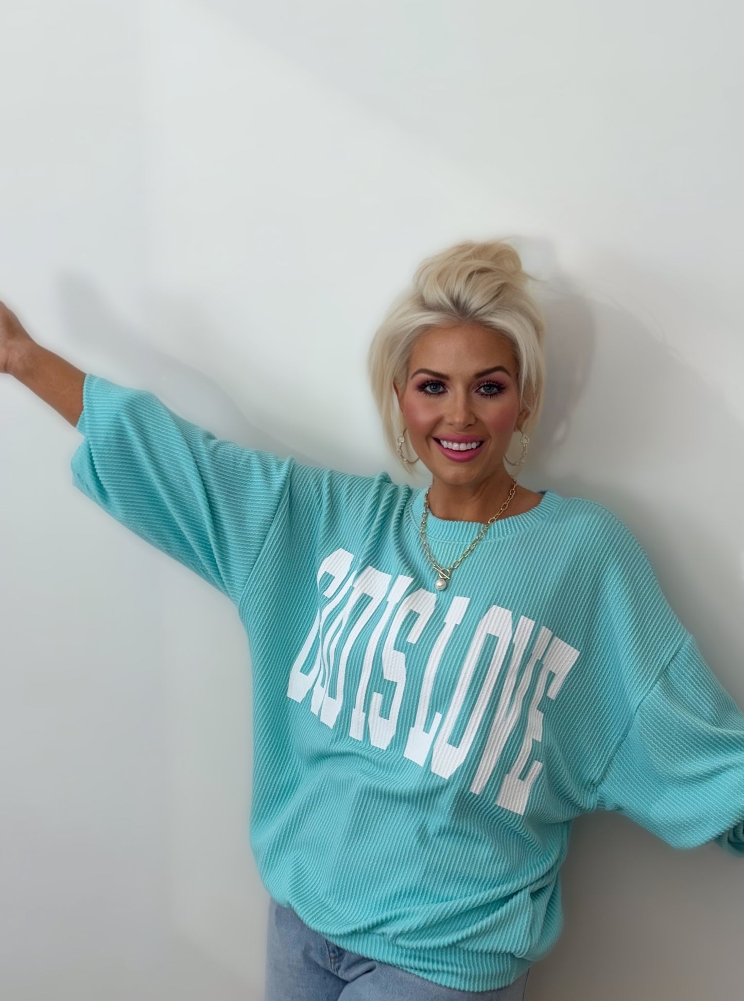 God Is Love Oversized Ribbed Sweatshirt – Christian Graphic Crewneck, Aqua Blue Faith-Based Pullover