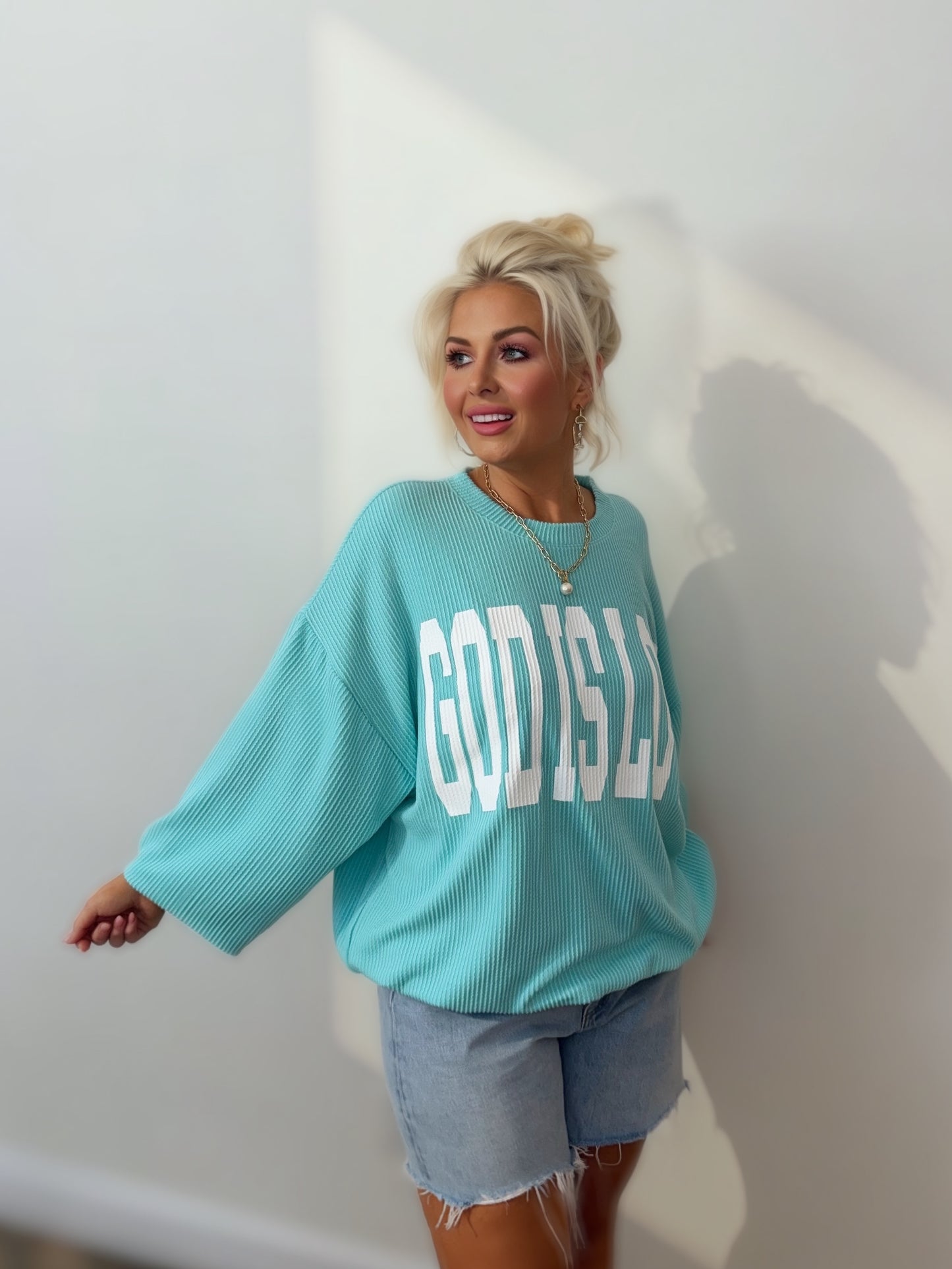 God Is Love Oversized Ribbed Sweatshirt – Christian Graphic Crewneck, Aqua Blue Faith-Based Pullover