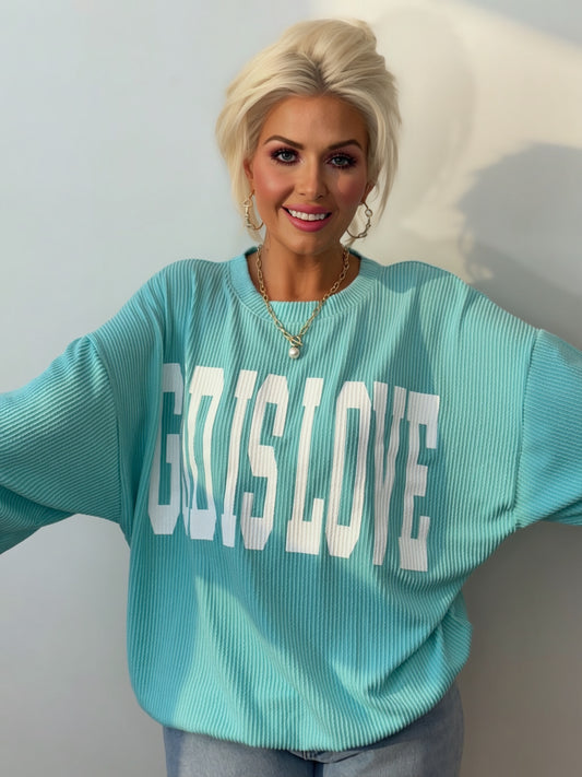 God Is Love Oversized Ribbed Sweatshirt – Christian Graphic Crewneck, Aqua Blue Faith-Based Pullover