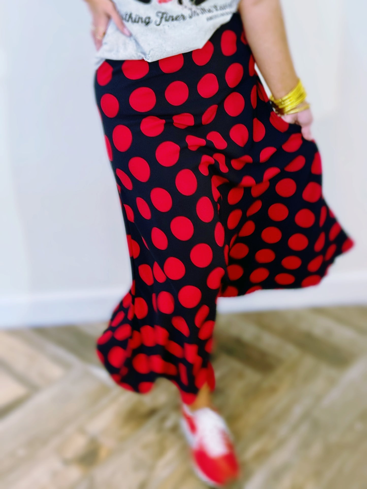 Red & Black Polka Dot Midi Skirt – Classic Statement Skirt