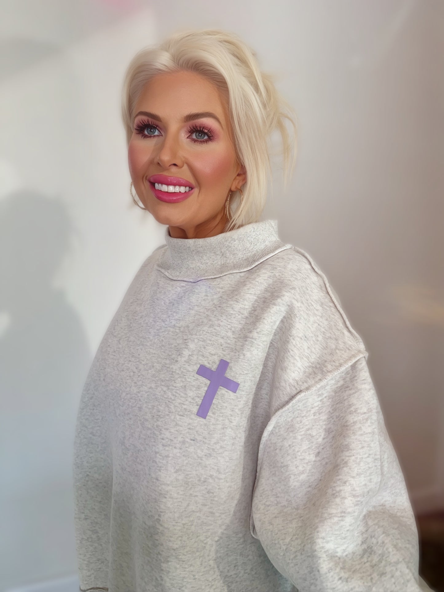 Reversible Christian Sweatshirt | CROSS & JESUS SAVES Oversized Pullover | Faith-Based 2-in-1 Mock Neck Sweatshirt | Cozy Boutique Crewneck