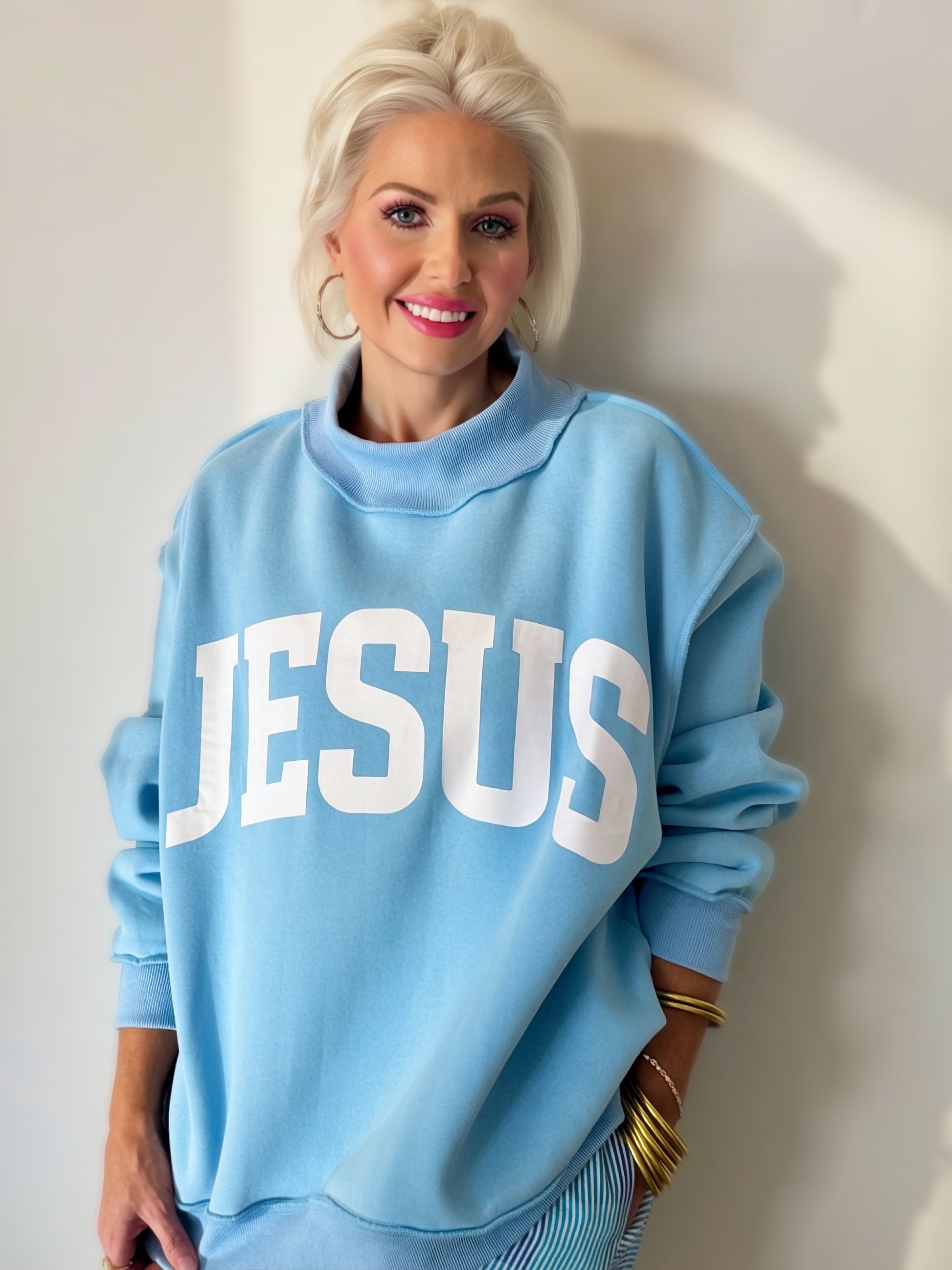 reversible christian sweatshirt jesus god is good sky blue oversized mock neck pullover women cozy
