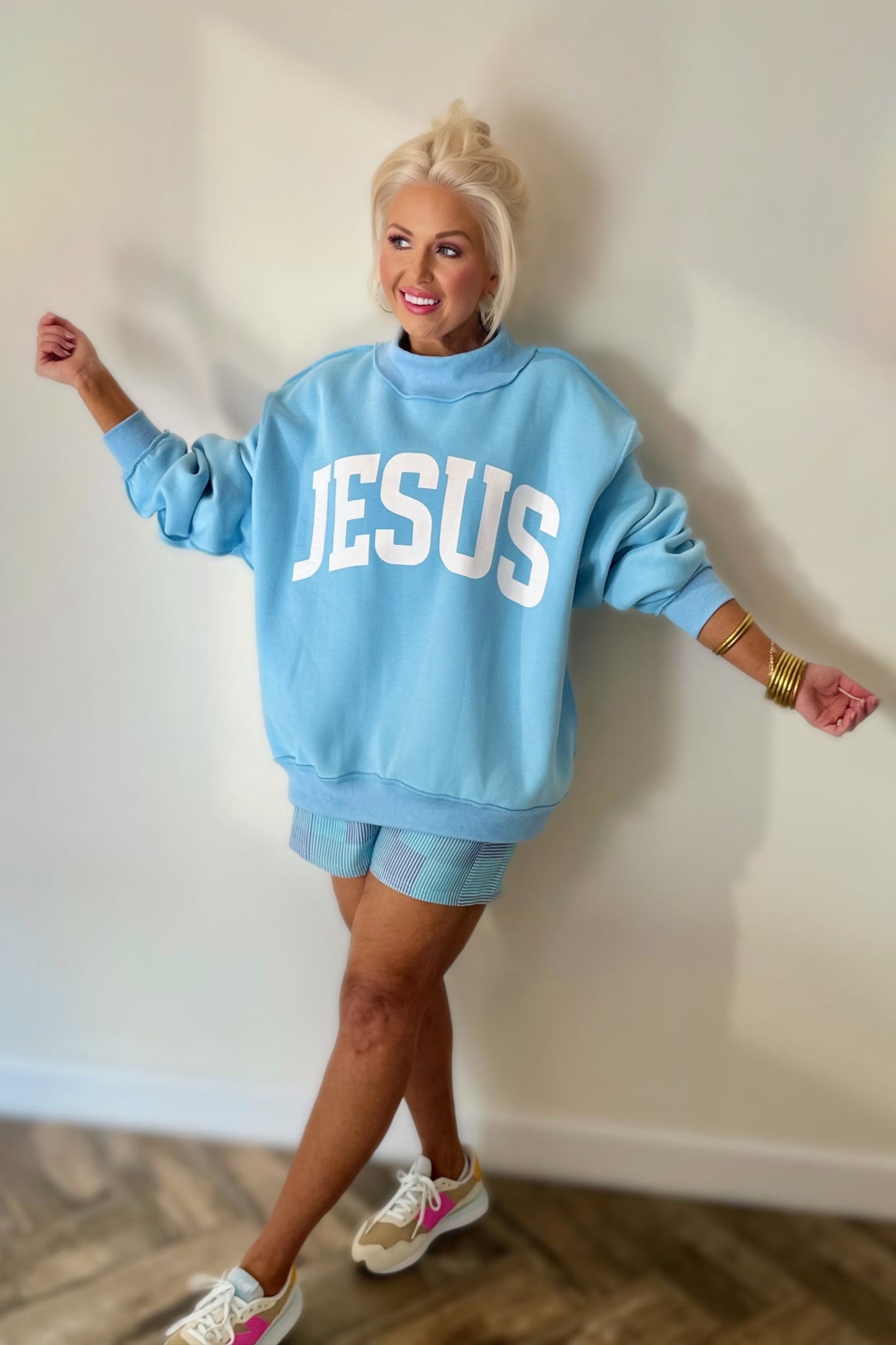 reversible christian sweatshirt jesus god is good sky blue oversized mock neck pullover women cozy