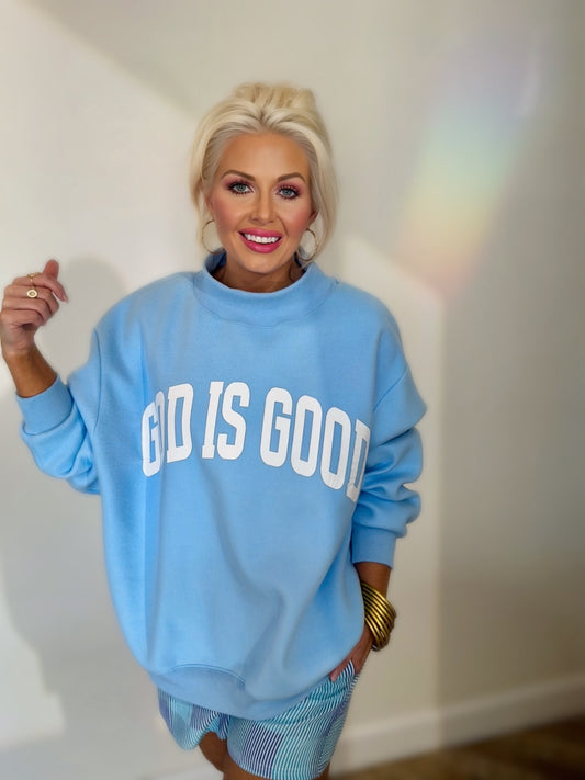 reversible christian sweatshirt jesus god is good sky blue oversized mock neck pullover women cozy