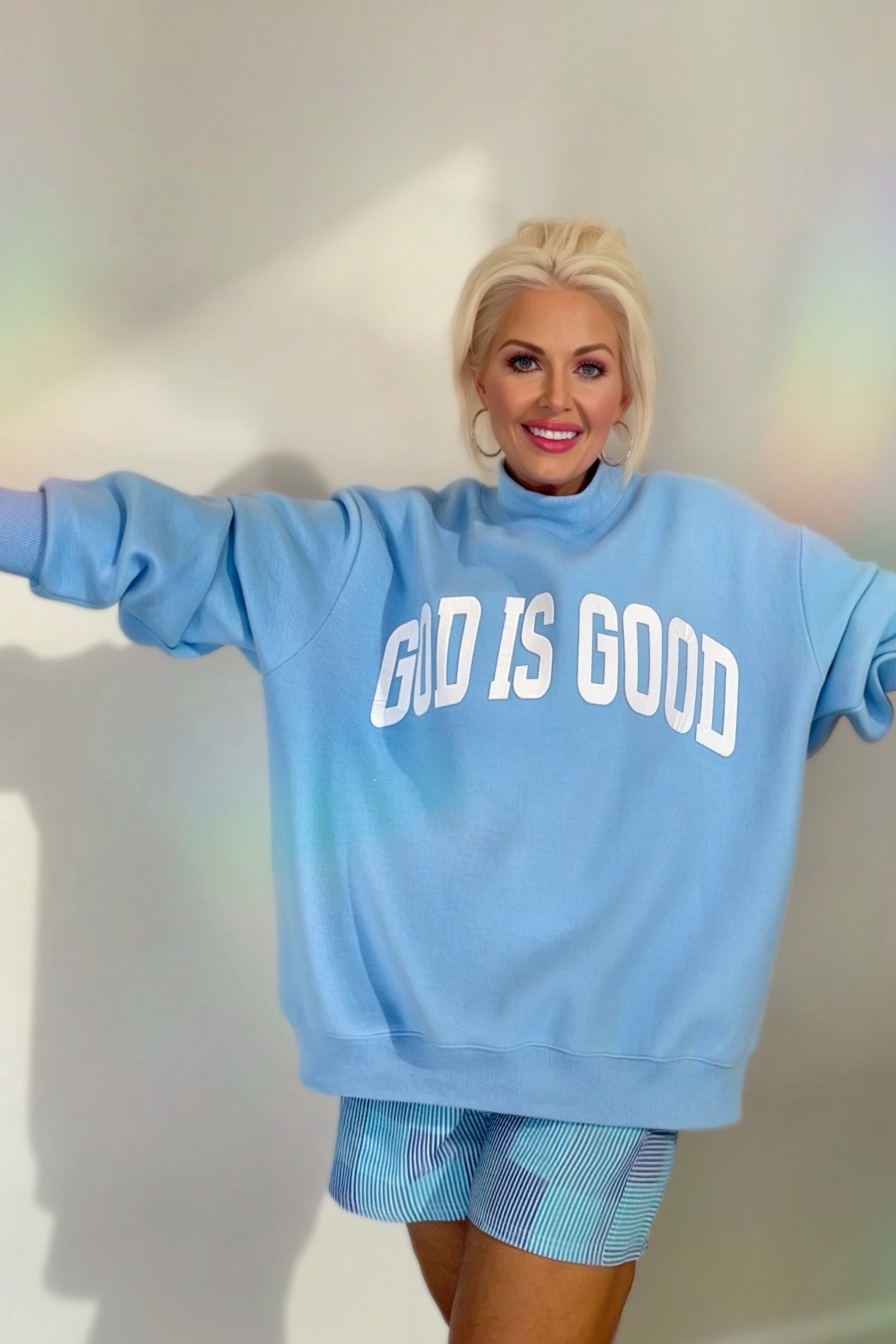 reversible christian sweatshirt jesus god is good sky blue oversized mock neck pullover women cozy