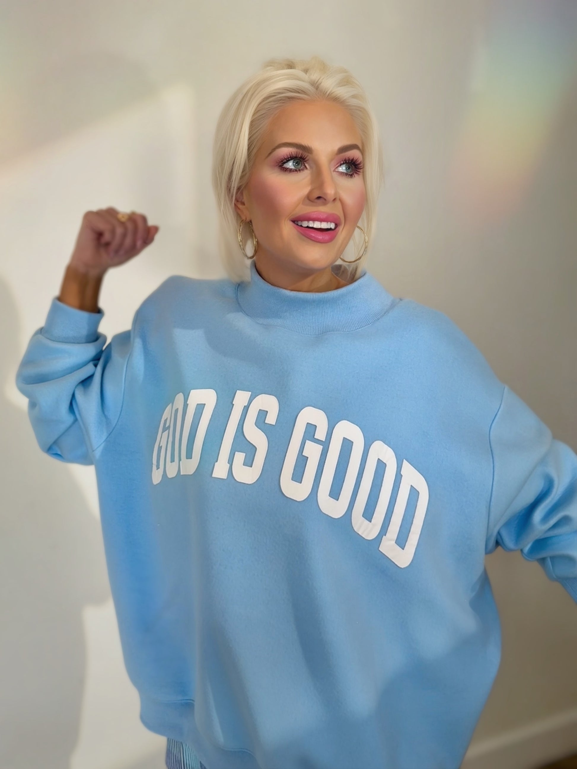 reversible christian sweatshirt jesus god is good sky blue oversized mock neck pullover women cozy