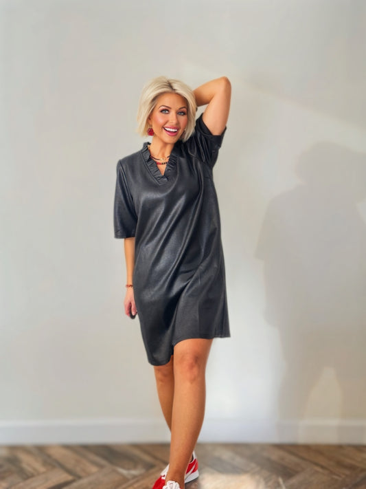 Black Faux Leather Ruffle V-Neck Shift Mini Dress