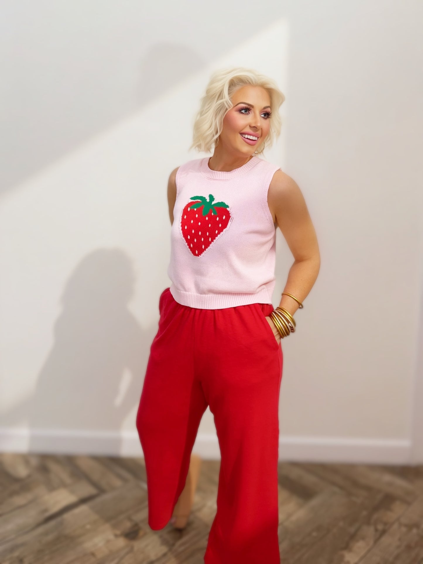 Pink Strawberry Graphic Knit Tank | Women’s Cropped Summer Top | Cute Fitted Sleeveless Sweater Tank | Trendy Fruit Top
