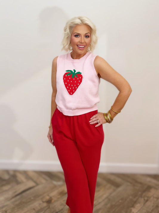 Pink Strawberry Graphic Knit Tank | Women’s Cropped Summer Top | Cute Fitted Sleeveless Sweater Tank | Trendy Fruit Top