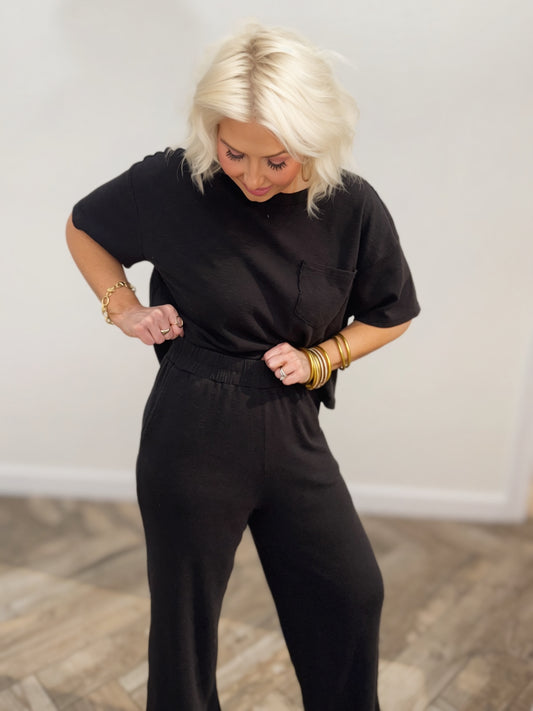 Black Wide-Leg Lounge Pants | Elastic Waist Relaxed Fit Pants