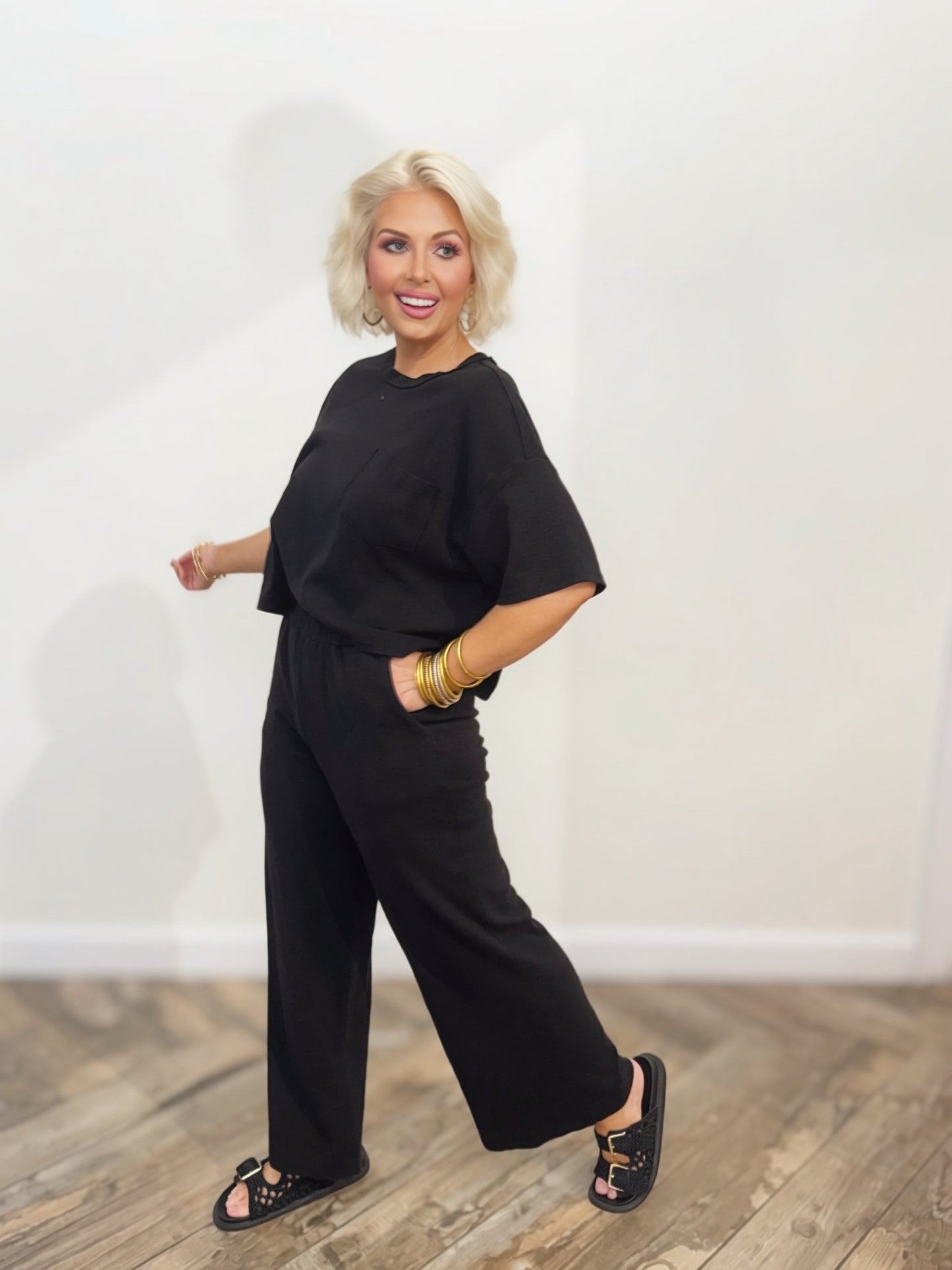 Black Relaxed Crop Tee | Boxy Pocket T-Shirt | Matching Set Top