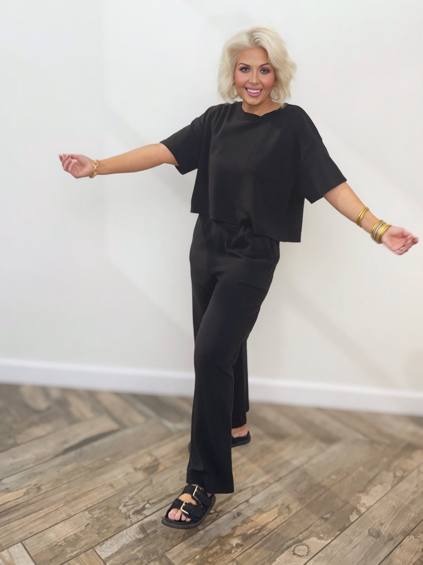 Black Relaxed Crop Tee | Boxy Pocket T-Shirt | Matching Set Top