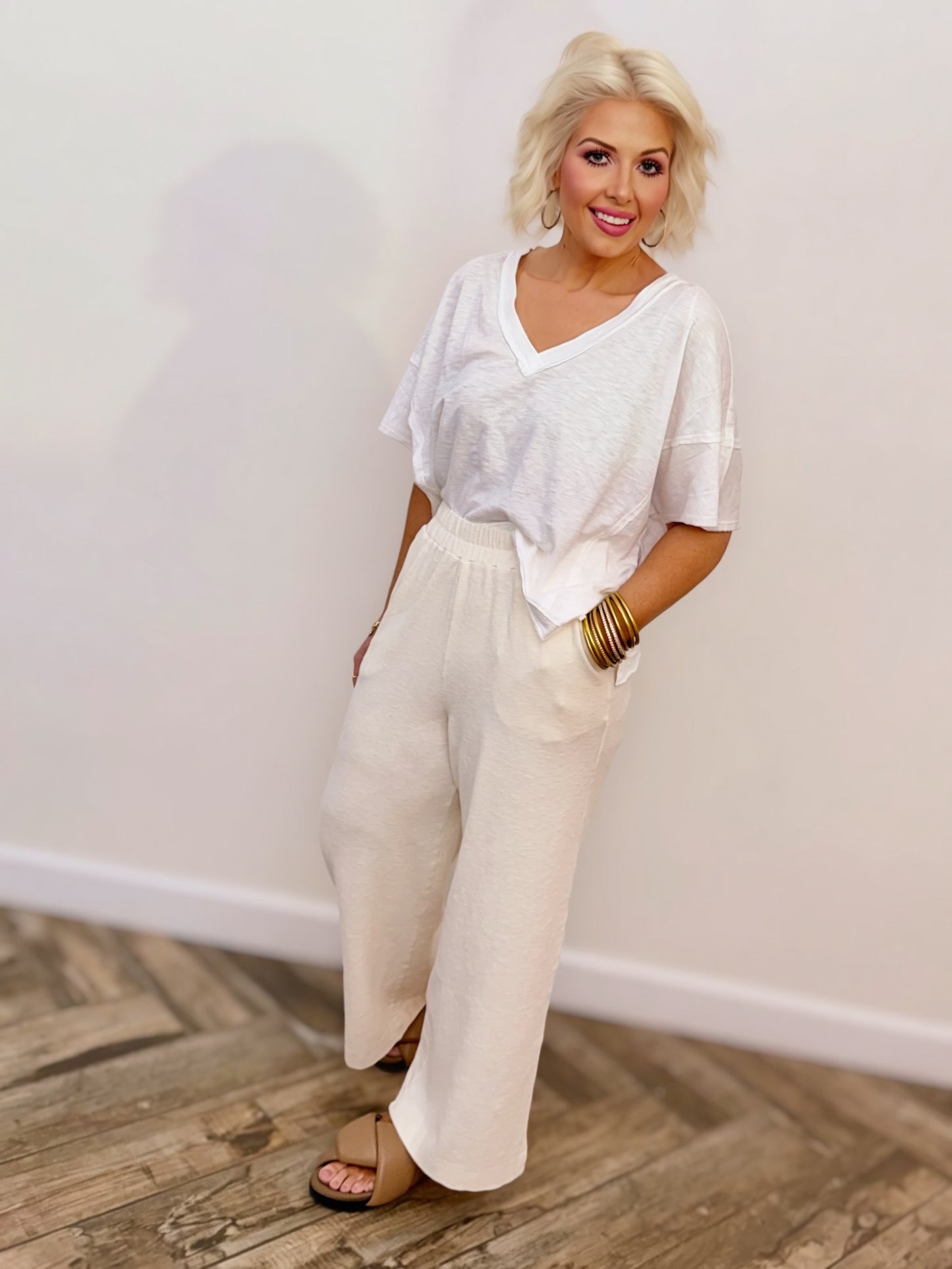 White Oversized V-Neck Tee | Relaxed Crop Lounge Top