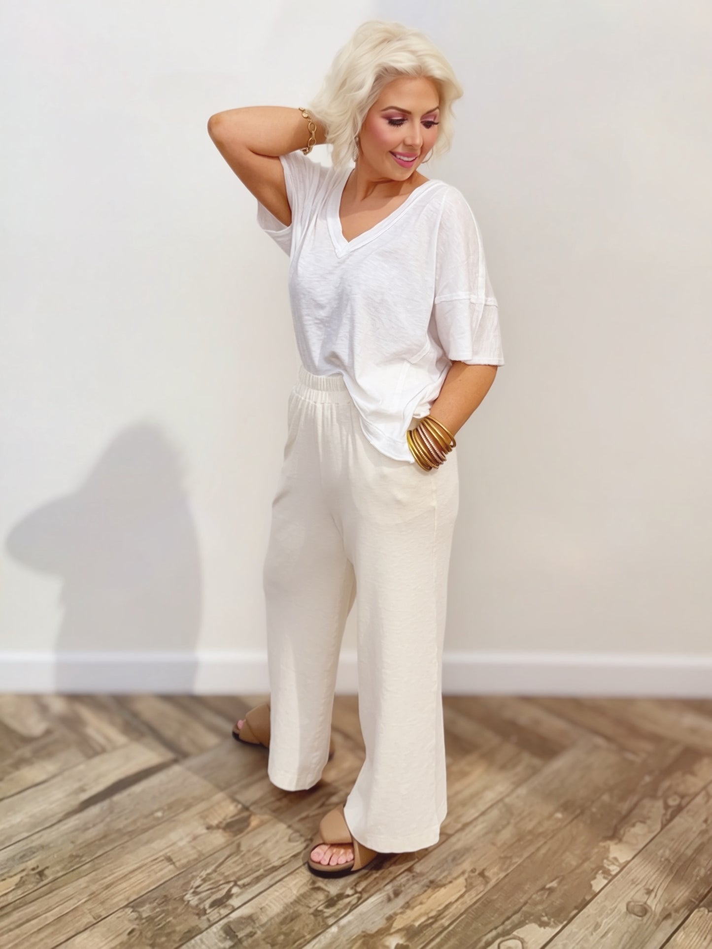 White Oversized V-Neck Tee | Relaxed Crop Lounge Top