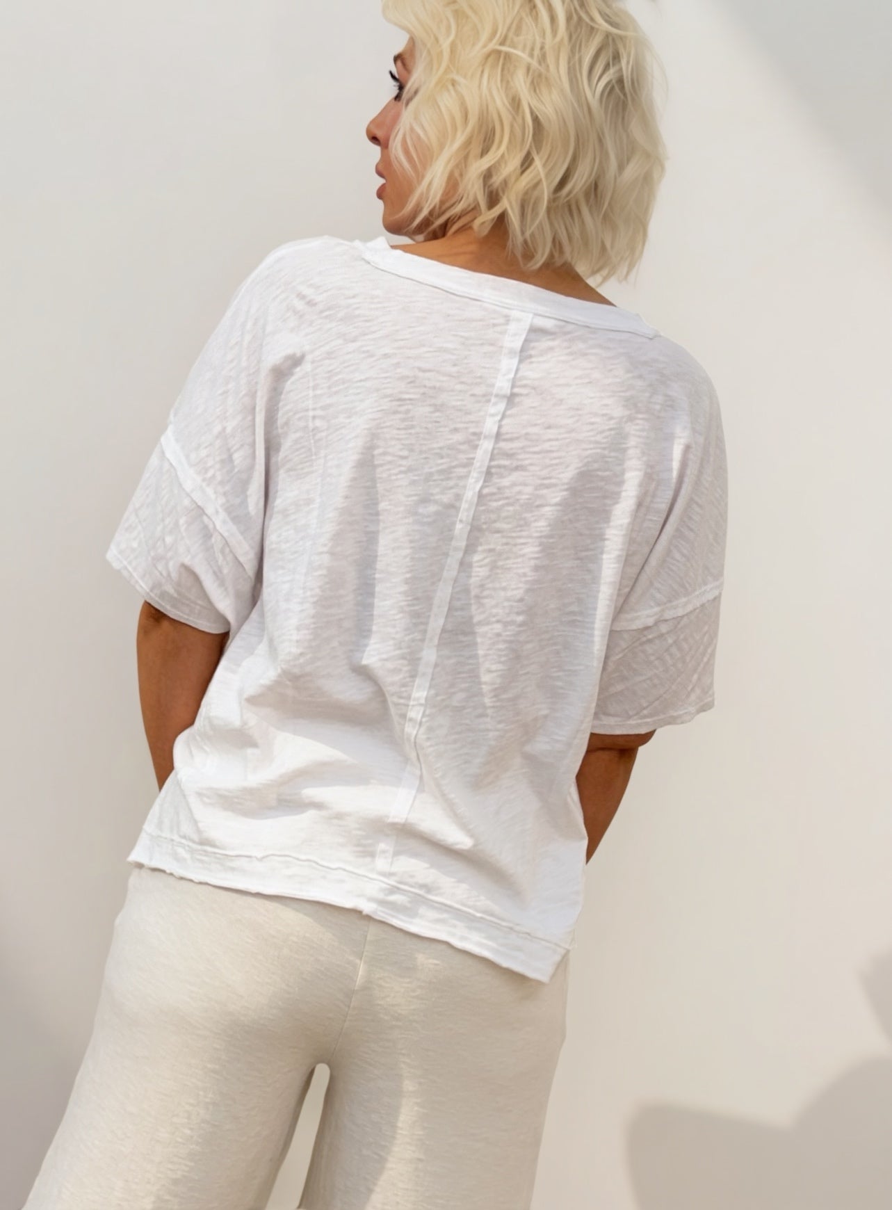 White Oversized V-Neck Tee | Relaxed Crop Lounge Top