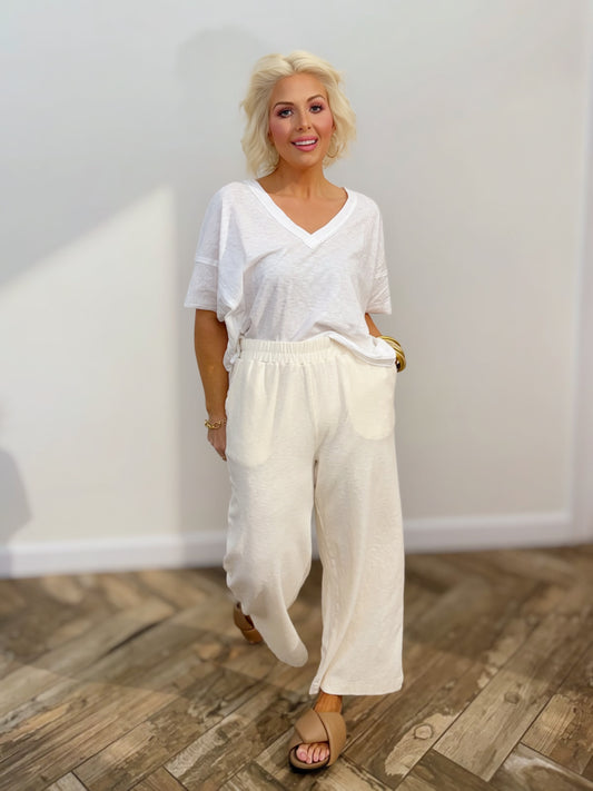 White Oversized V-Neck Tee | Relaxed Crop Lounge Top