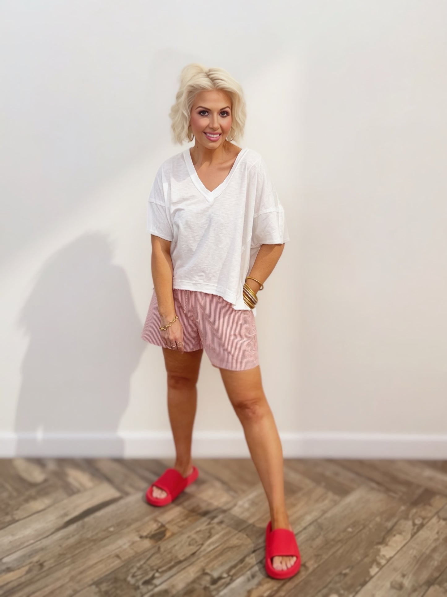 Red Stripe Drawstring Lounge Shorts for Women | Lightweight Summer Shorts