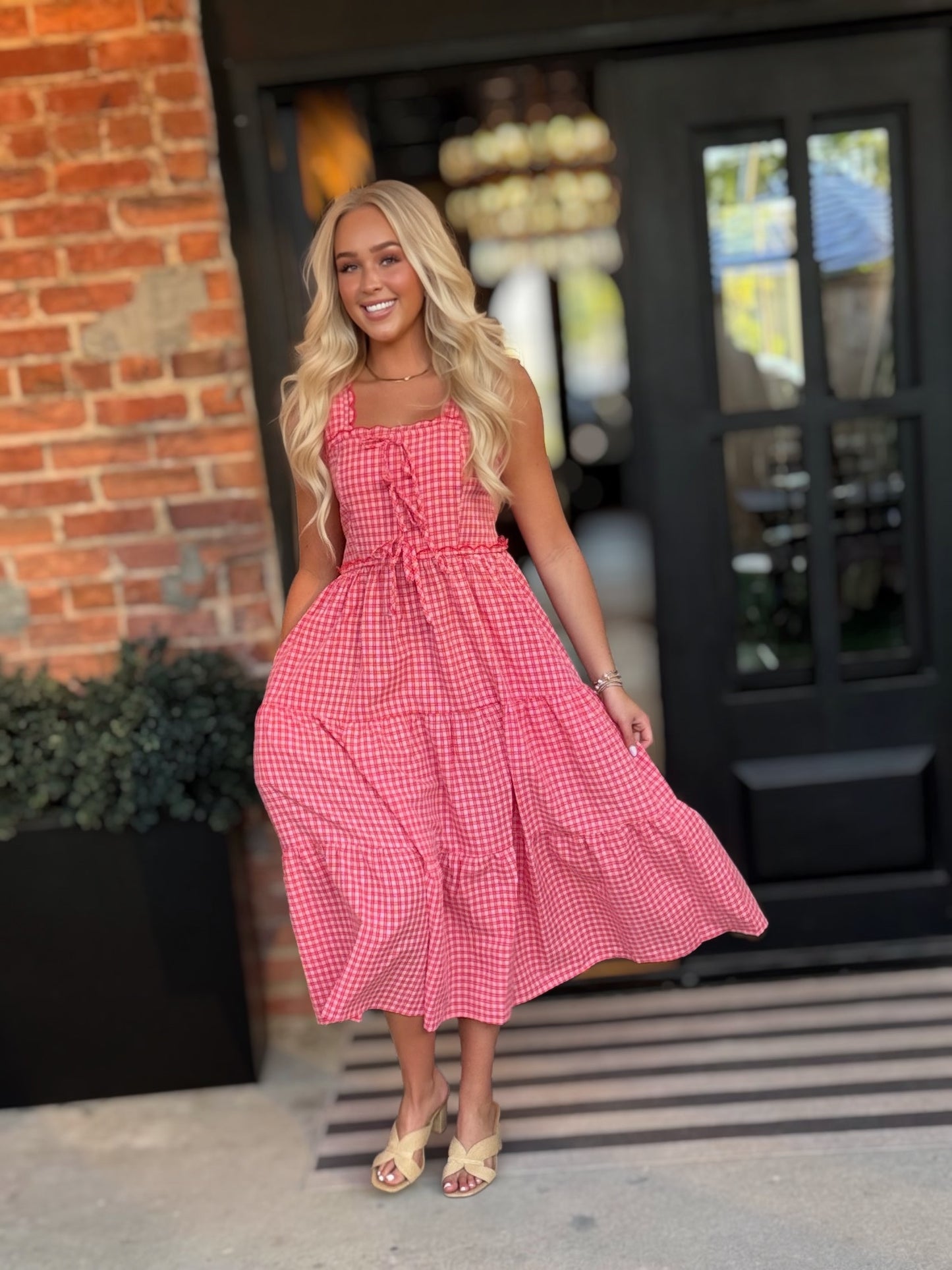 Red Gingham Tiered Midi Dress | Scalloped Strap Smocked Summer Dress