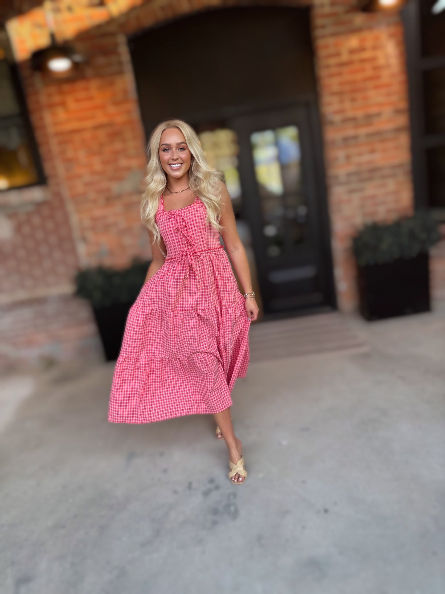 Red Gingham Tiered Midi Dress | Scalloped Strap Smocked Summer Dress
