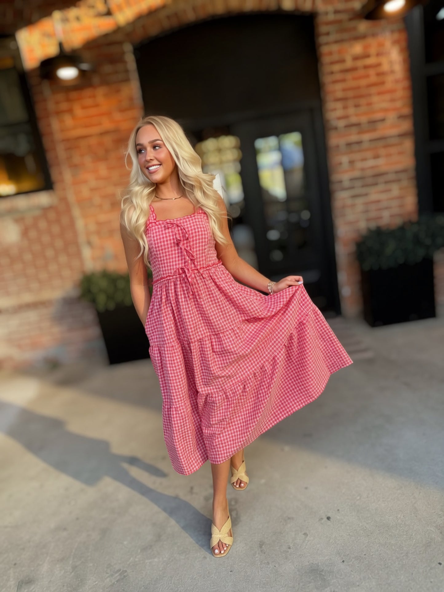 Red Gingham Tiered Midi Dress | Scalloped Strap Smocked Summer Dress