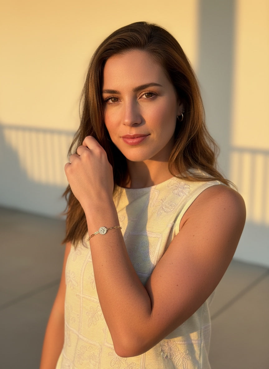 Gold Sand Dollar Bracelet | Adjustable Beach Charm Bracelet | CZ Pave Coastal Jewelry | 18K Gold Plated Slider Bracelet Gift for Her