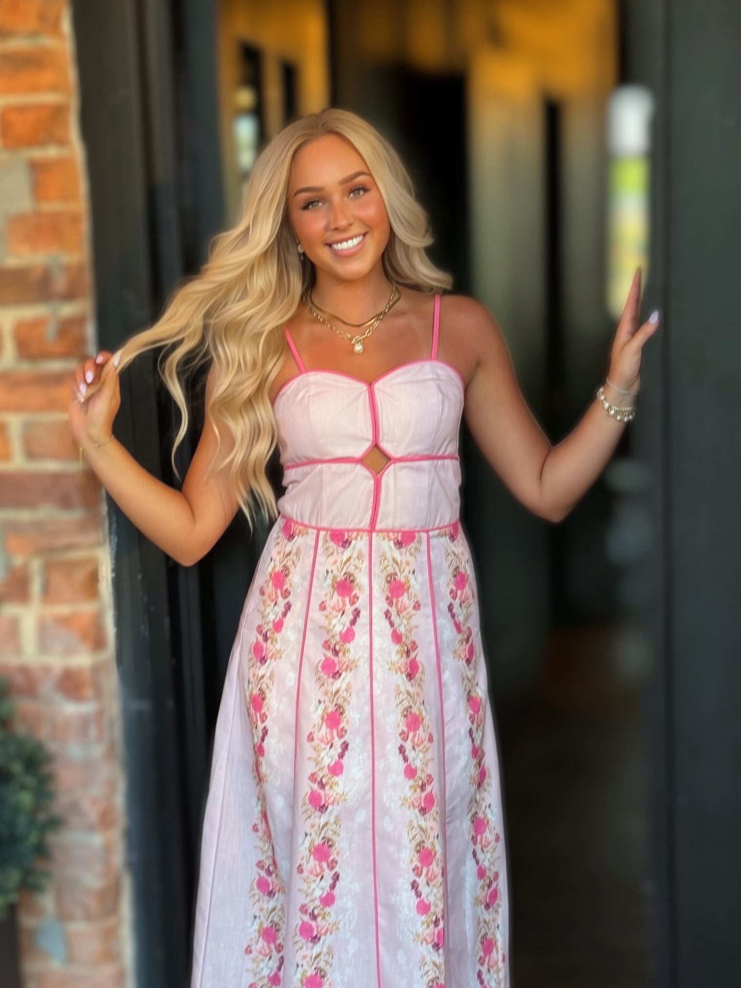I'm Blushing - Romantic Floral Contrast Piping Cutout Midi Dress