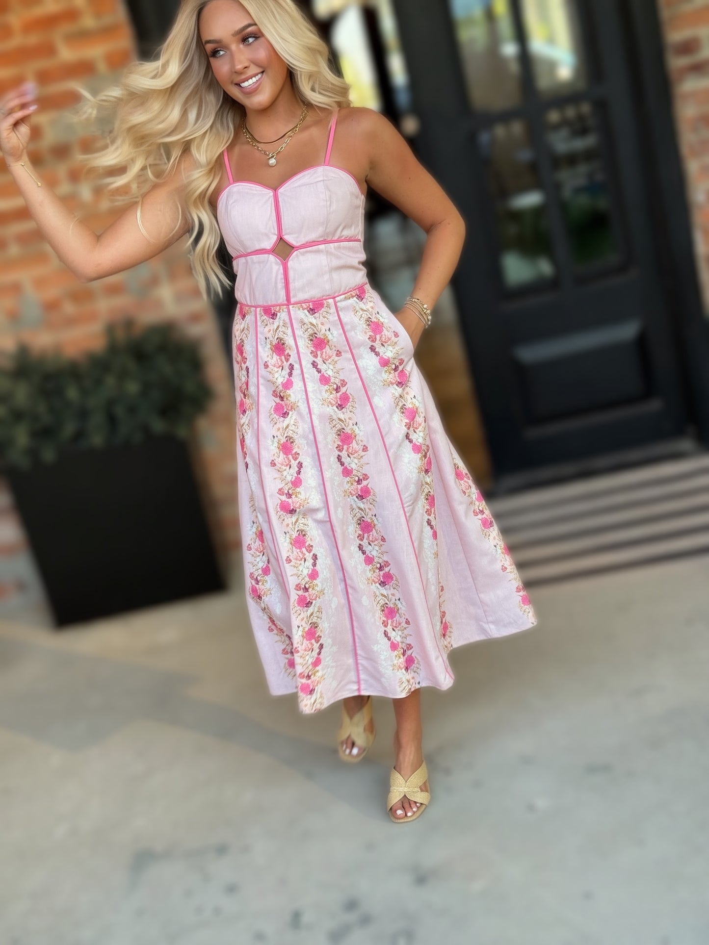 I'm Blushing - Romantic Floral Contrast Piping Cutout Midi Dress