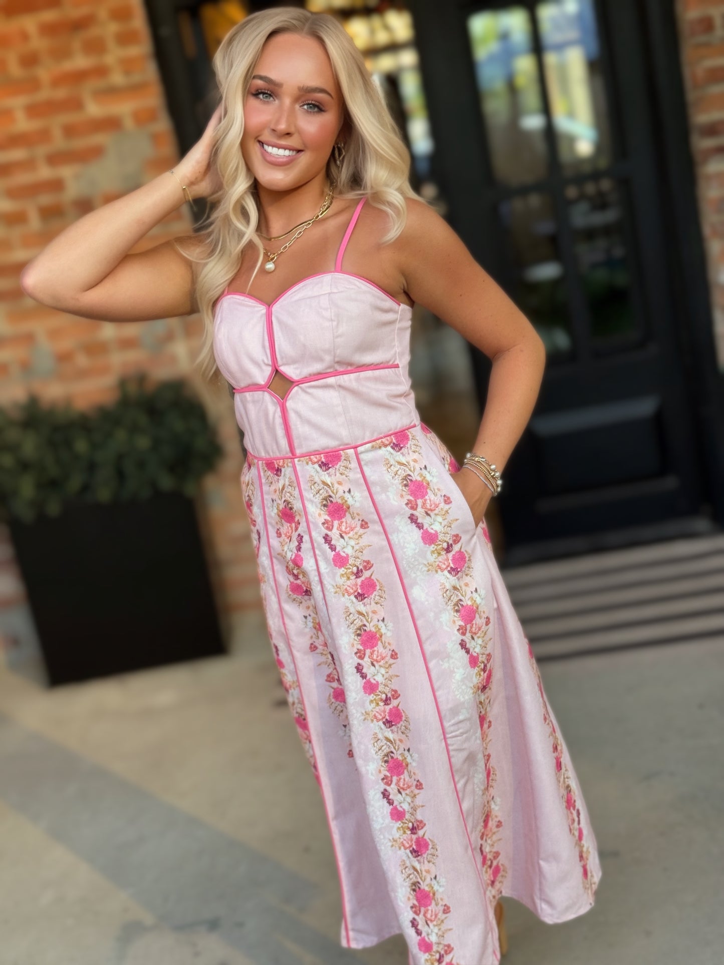 I'm Blushing - Romantic Floral Contrast Piping Cutout Midi Dress