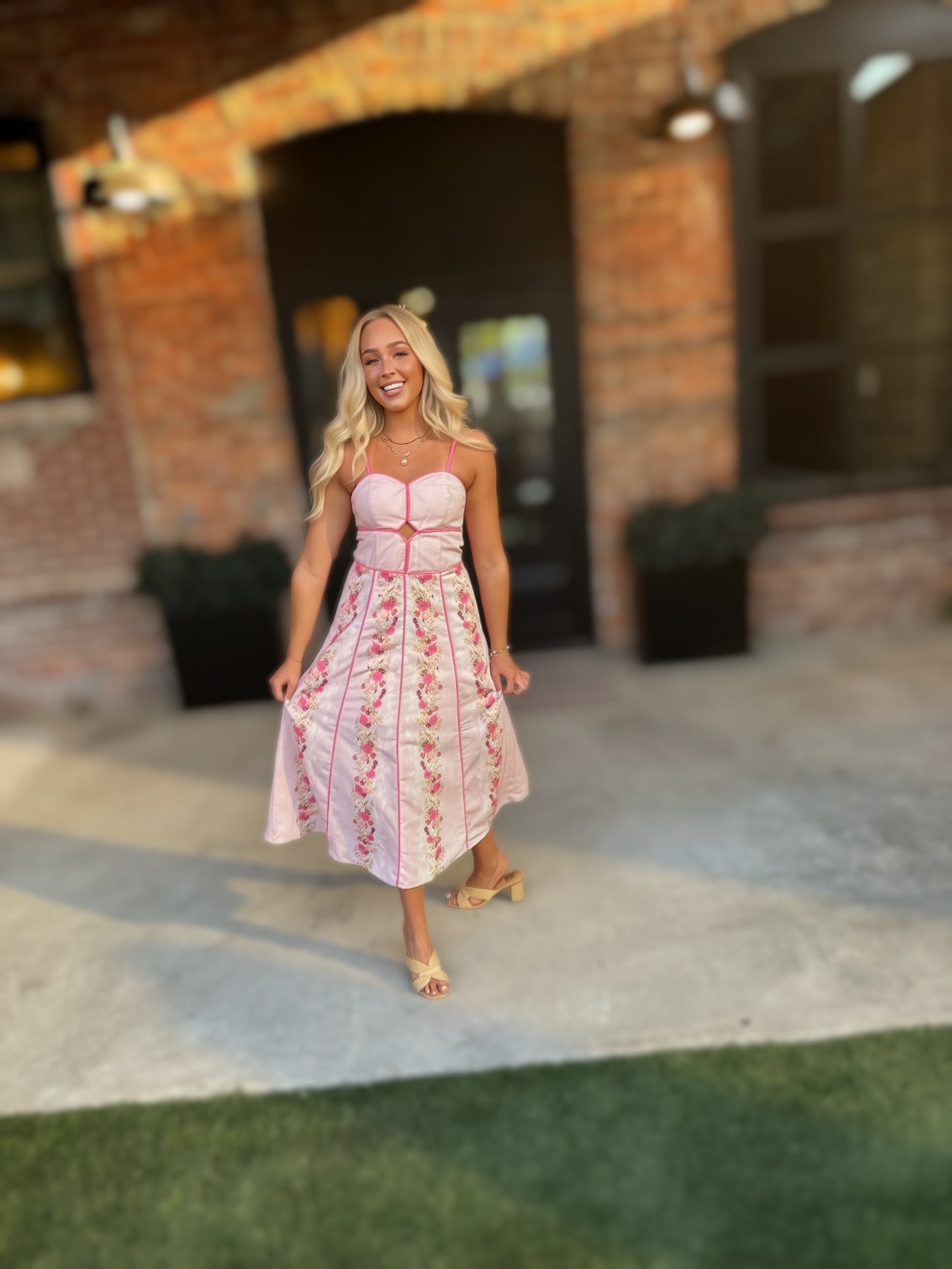 I'm Blushing - Romantic Floral Contrast Piping Cutout Midi Dress