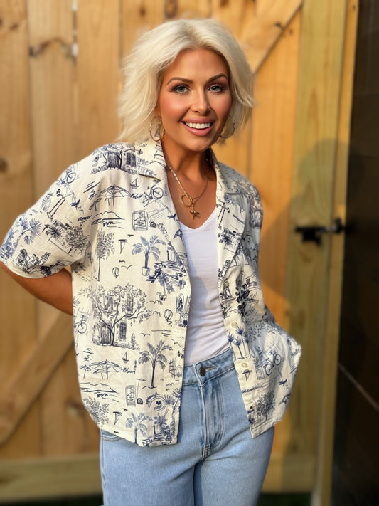Printed Linen Button Down Shirt | Women’s Coastal Short Sleeve Blouse | Lightweight Summer Top | Relaxed Fit Vacation Shirt