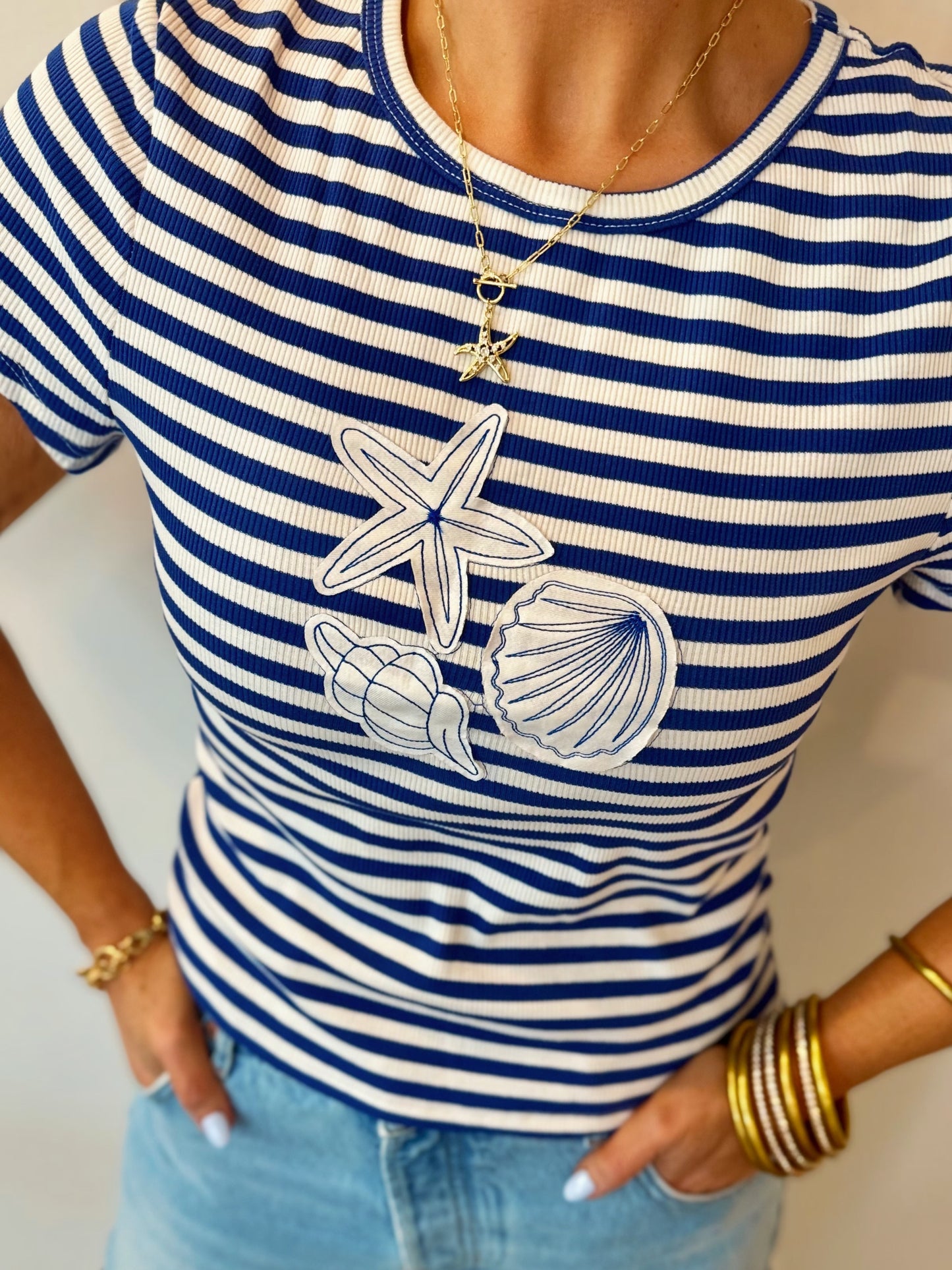 Shell Yeah Nautical Embroidered Stripe Knit Top