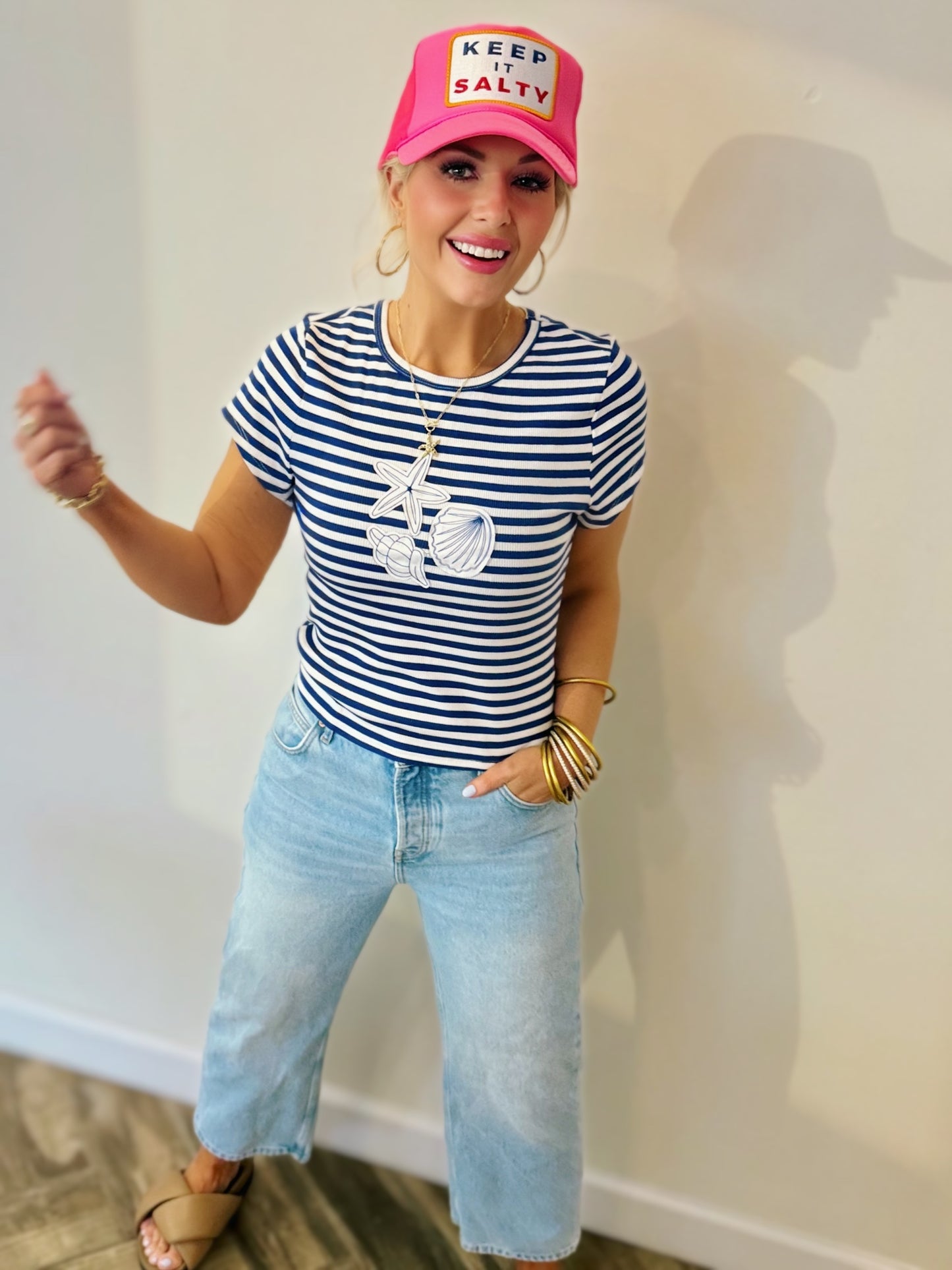 Shell Yeah Nautical Embroidered Stripe Knit Top