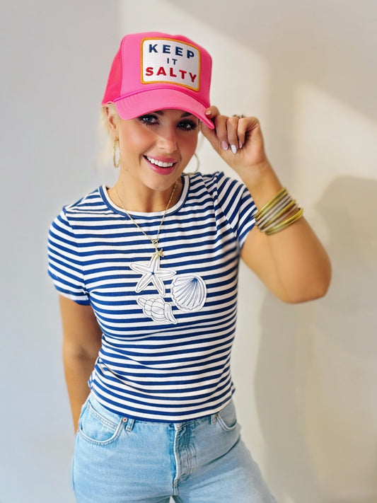Shell Yeah Nautical Embroidered Stripe Knit Top