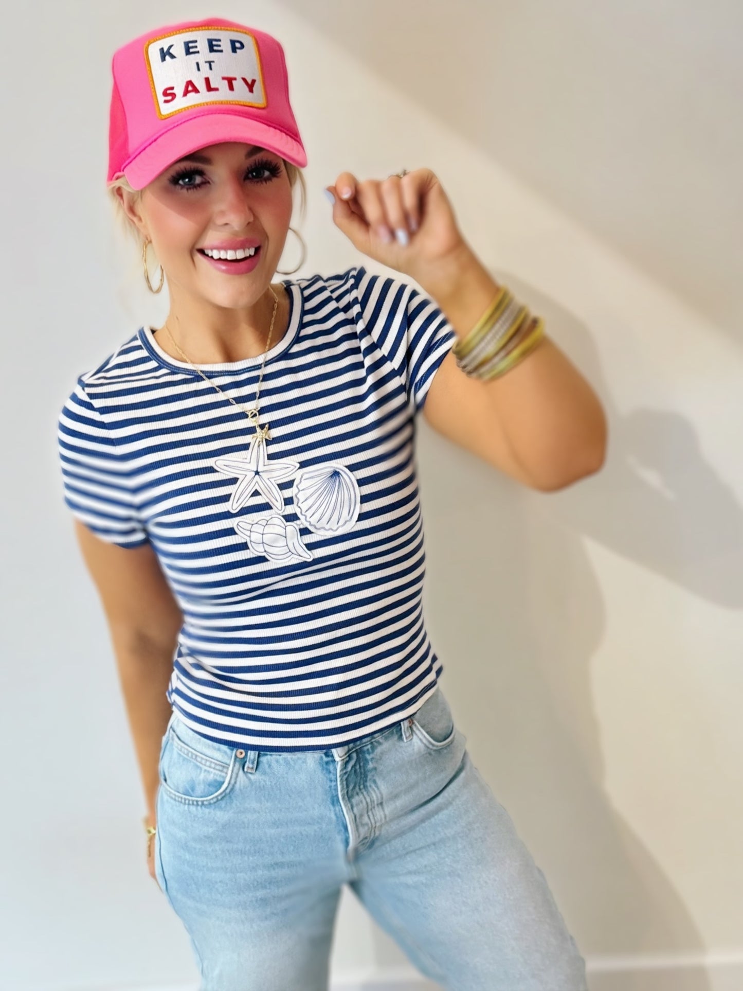 Shell Yeah Nautical Embroidered Stripe Knit Top