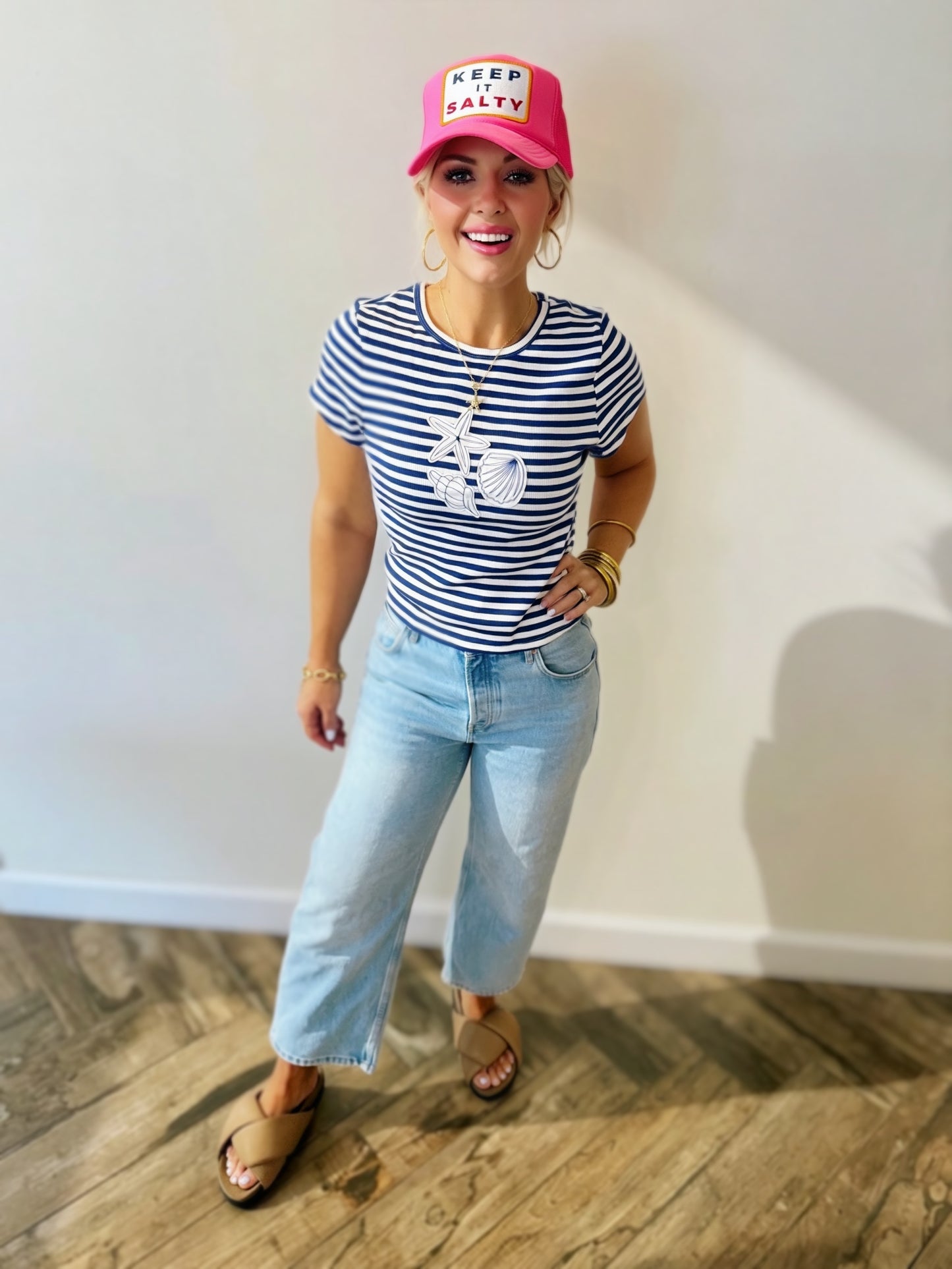 Shell Yeah Nautical Embroidered Stripe Knit Top