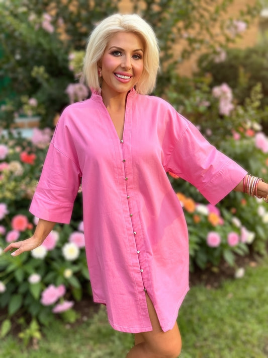 Robe courte chemise décontractée Volants Col en V Manches courtes larges : Rose / L