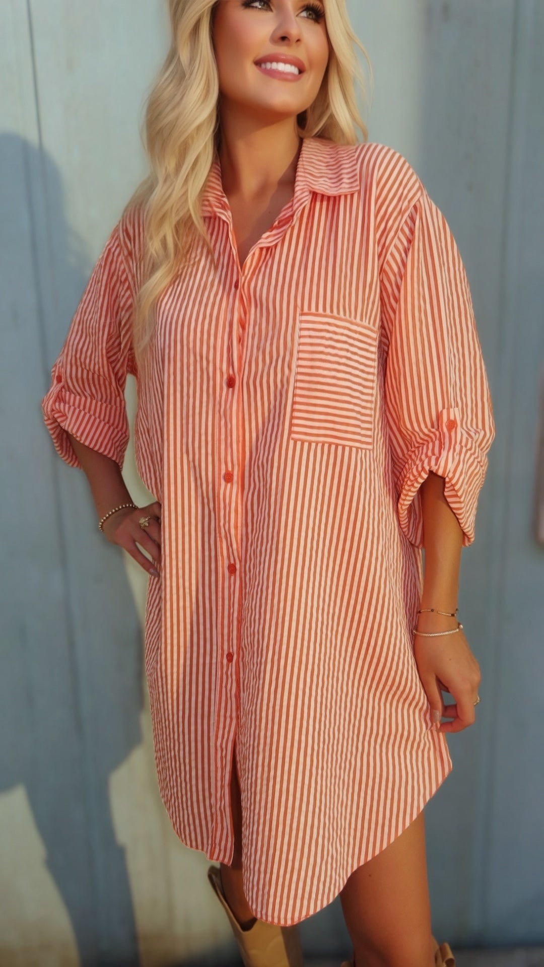 Sunset Stroll Italian Orange Stripe Shirt Dress