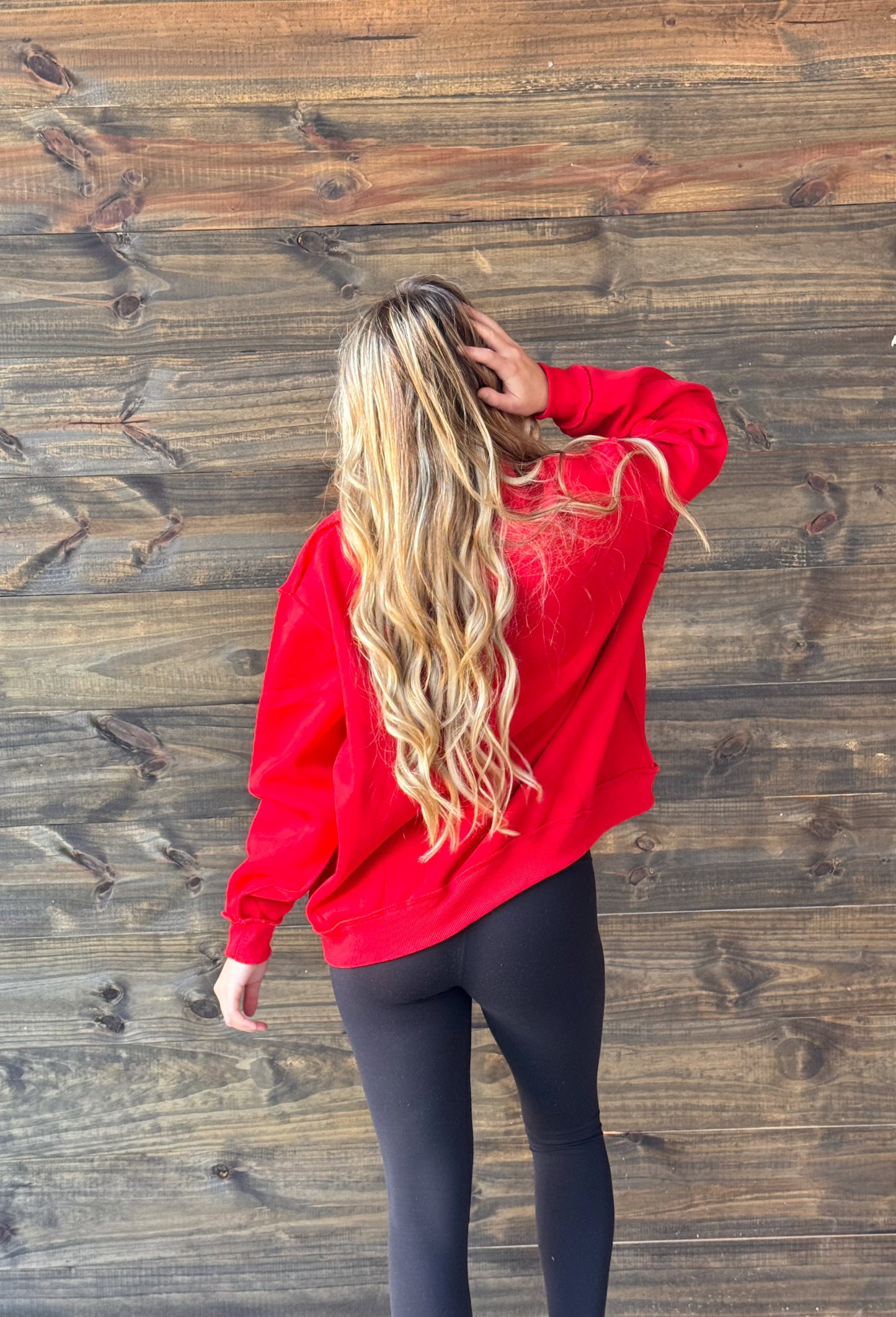 Red Embroidered "Georgia" Oversized Fleece Pullover