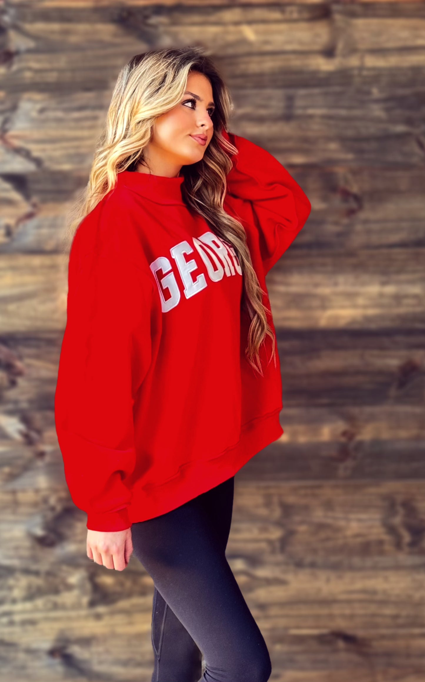 Red Embroidered "Georgia" Oversized Fleece Pullover