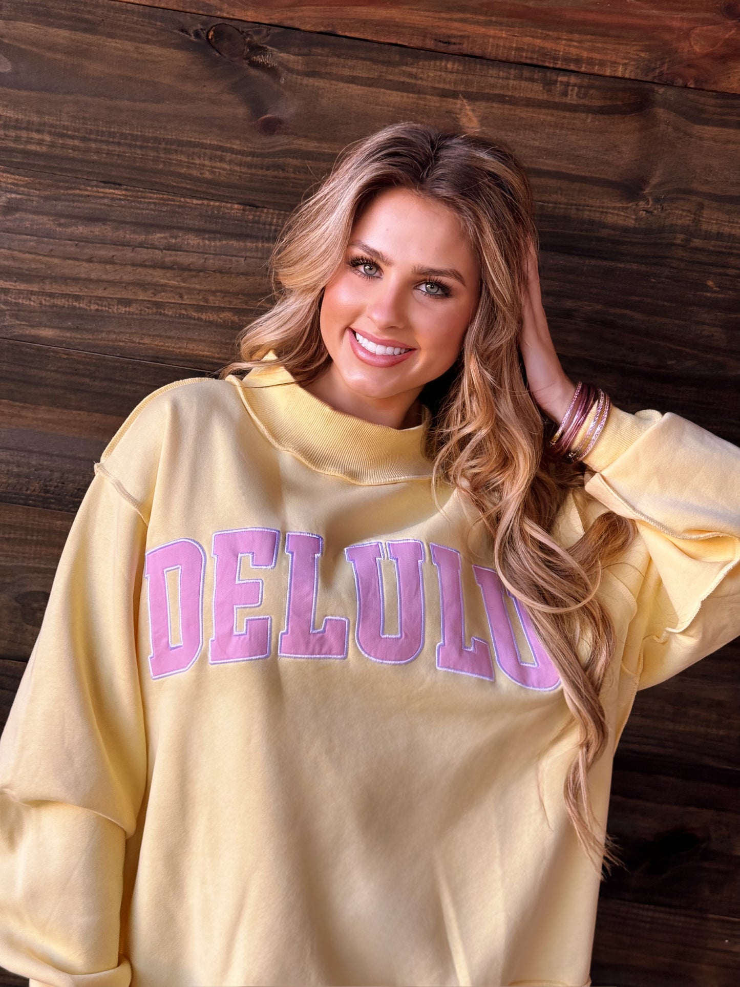 DELULU Embroidered Mock Neck Sweatshirt - American Graham Apparel