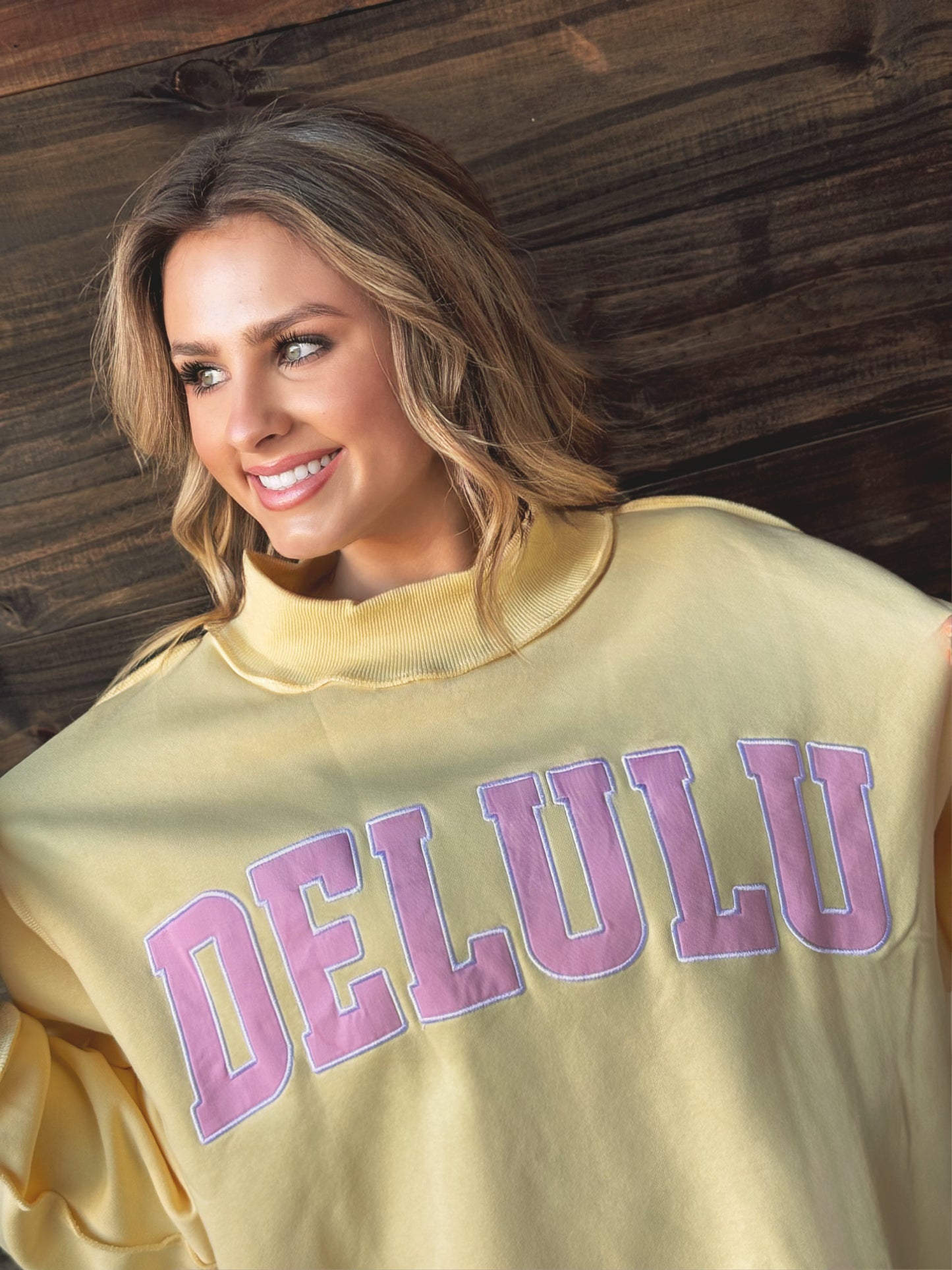 DELULU Embroidered Mock Neck Sweatshirt - American Graham Apparel