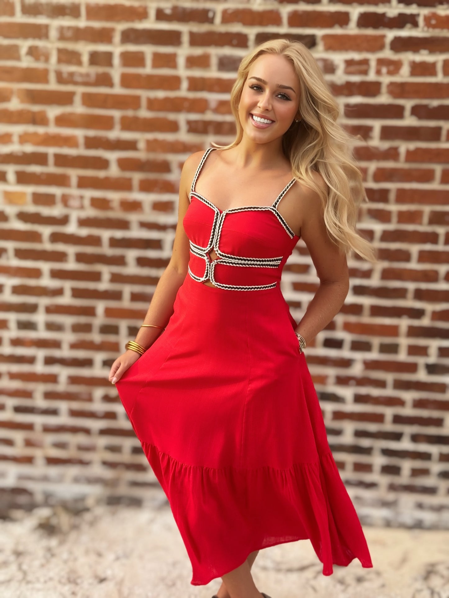 Touchdown Red Contrast-Trim Midi Dress