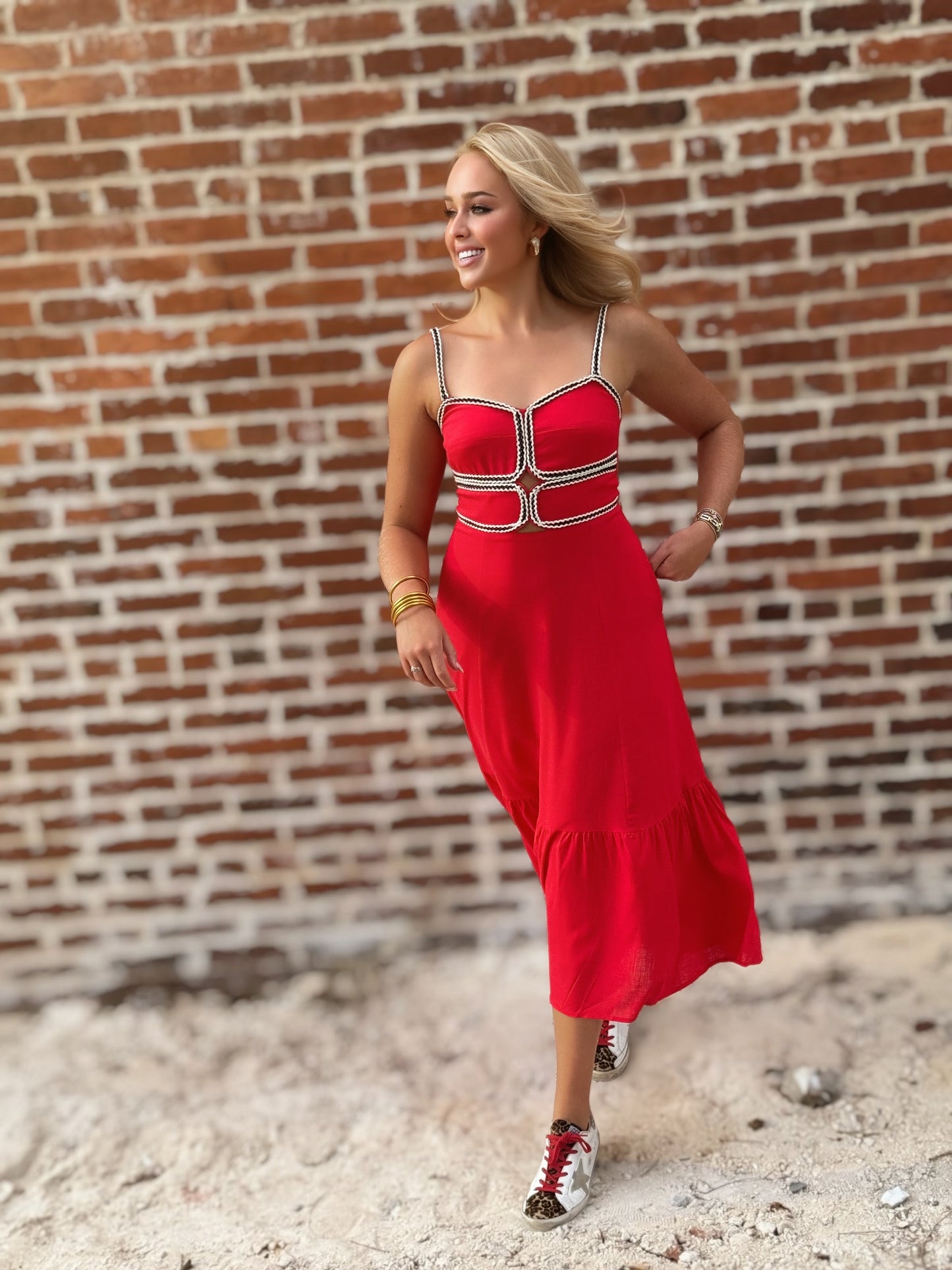 Touchdown Red Contrast-Trim Midi Dress