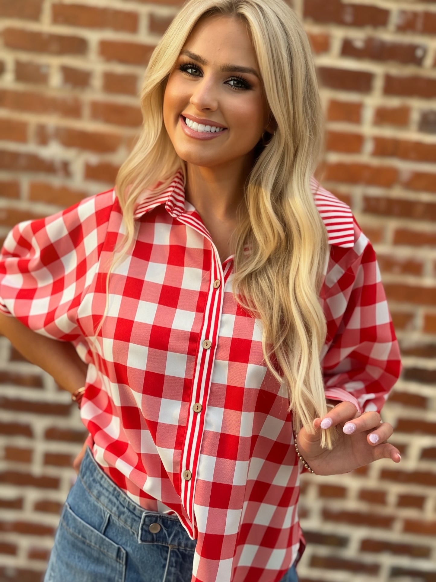 Rally Ready Red Gingham Contrast Stripe Button-Up Blouse