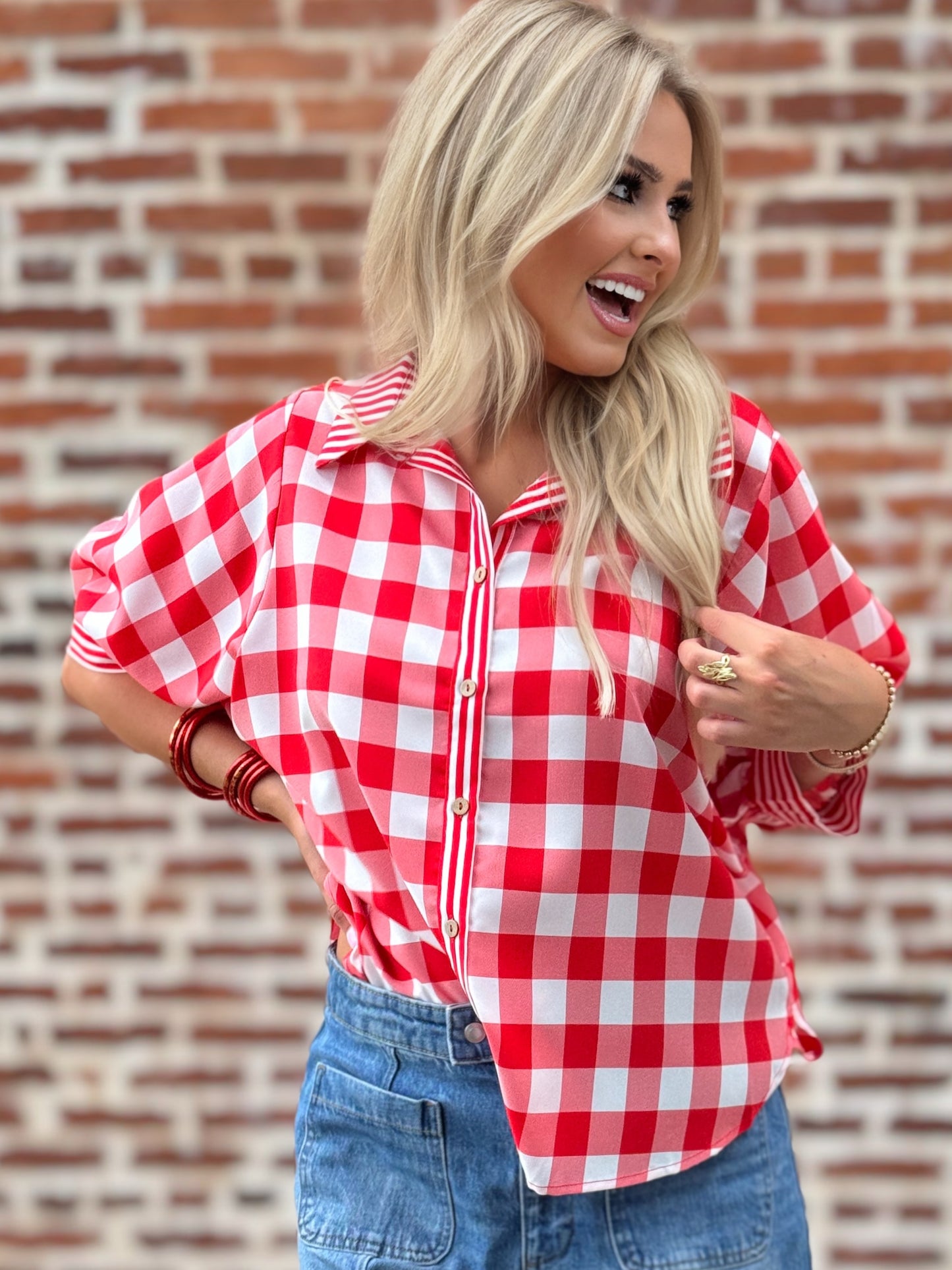 Rally Ready Red Gingham Contrast Stripe Button-Up Blouse